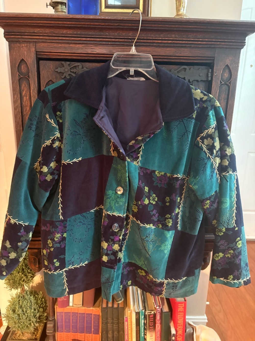 Women’s Patchwork Velvet Button Jacket in Teal & Purple size XL